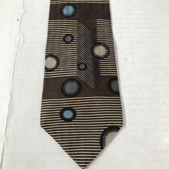Silk Tie Brown Tan & Blue Geometric Pattern - Picture 7 of 11
